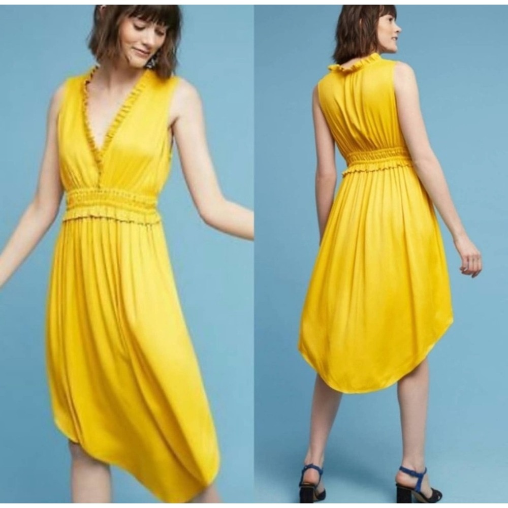Anthropologie Maeve La Habana Gauze Midi Dress Medium Mango Yellow Smocked VNeck